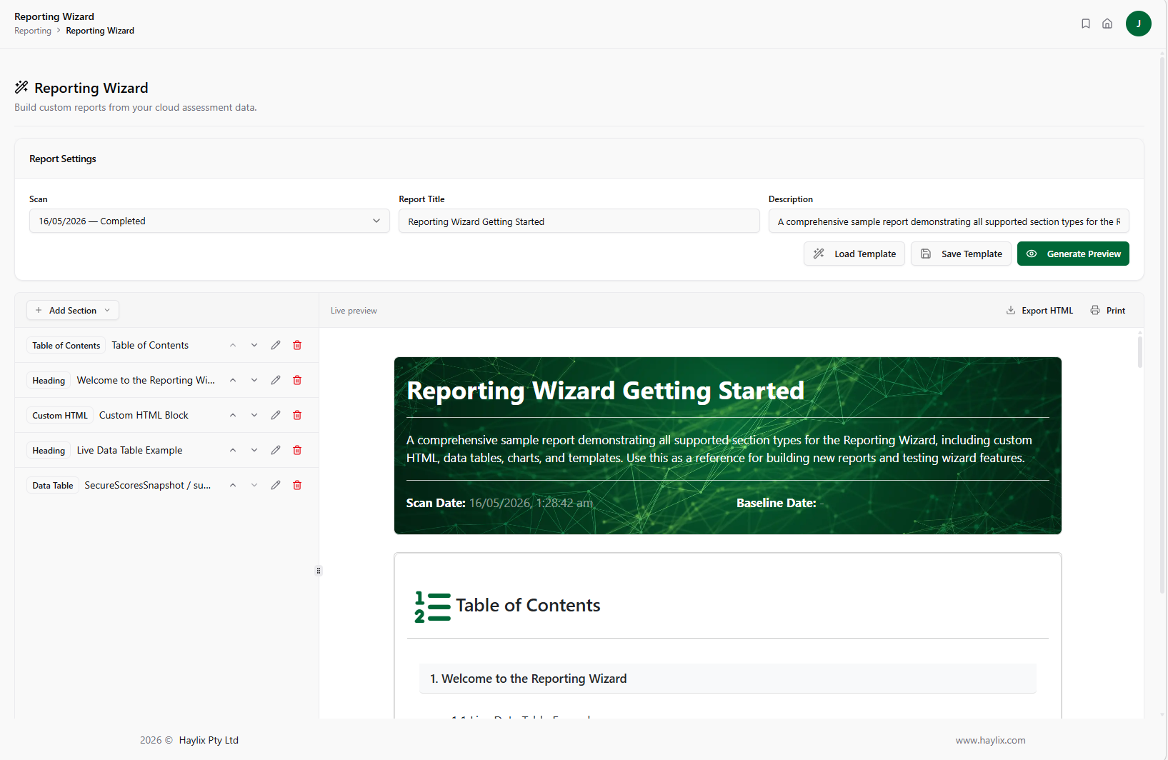 Reporting wizard with section builder and live report preview