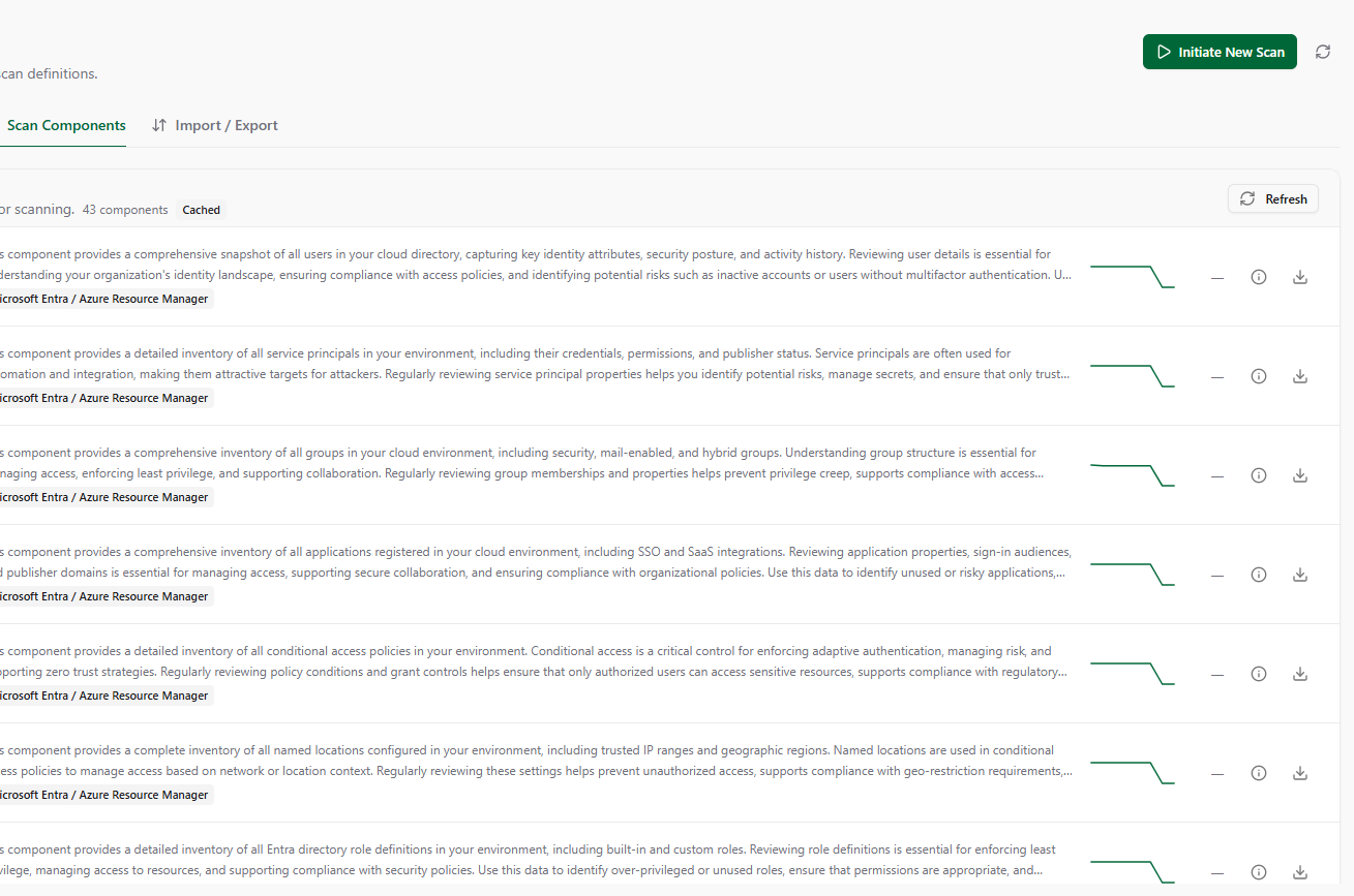 Extensible scan components list showing 43 discovery components including identity, access policies, and directory services